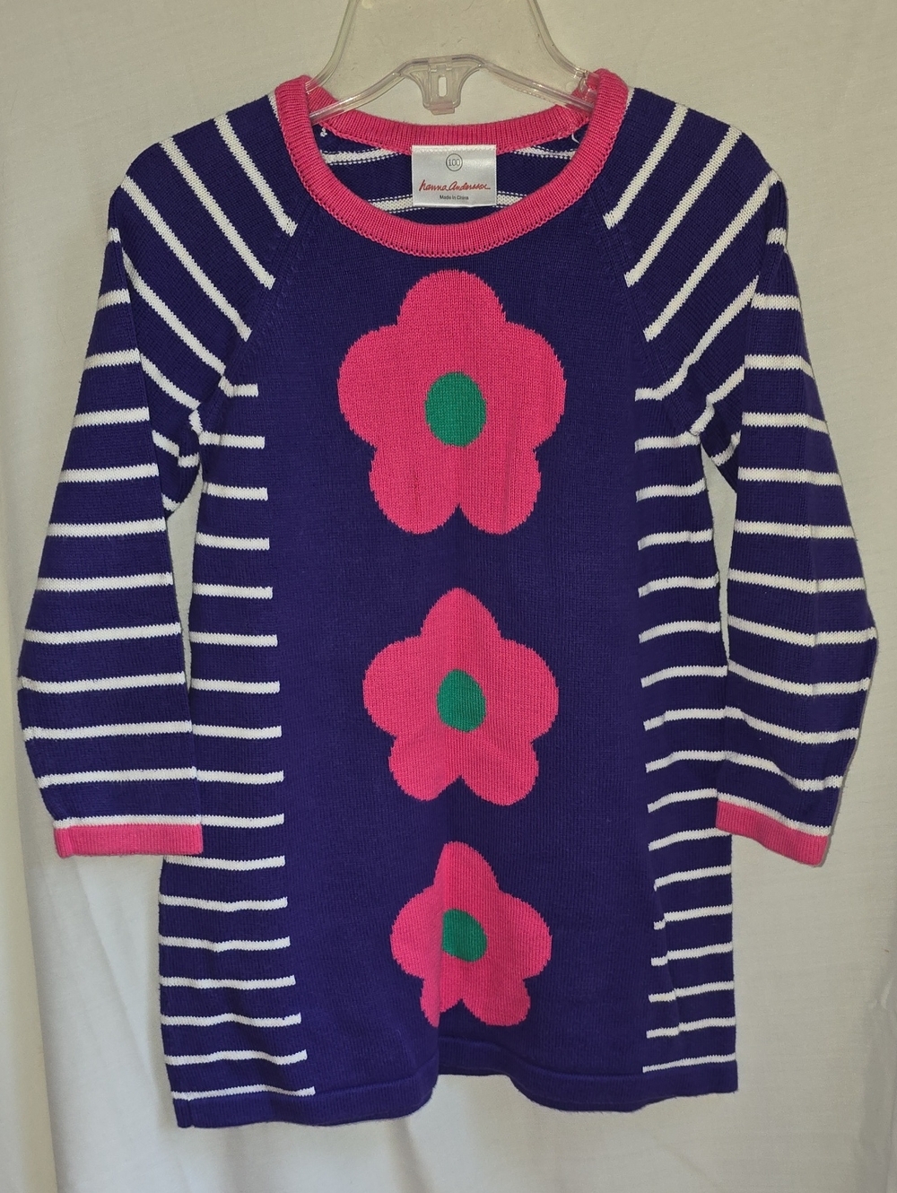 Hanna Andersson Purple Stripe Knit Dress with Pink Flower Motif